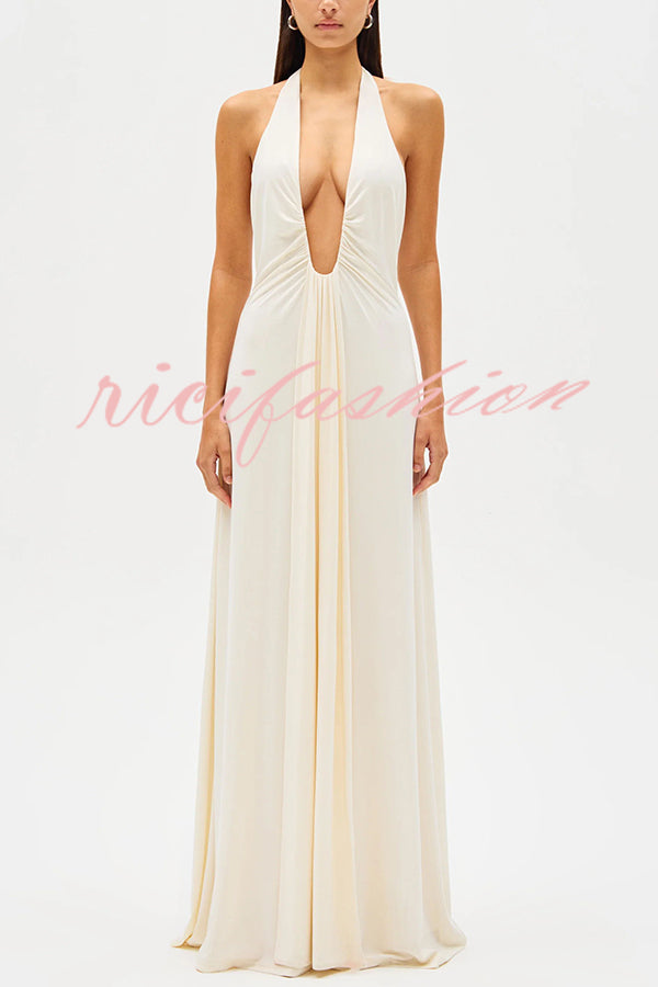 Sexy Silhouette Deep U-neck Halter Waterfall Sash Drape Maxi Dress