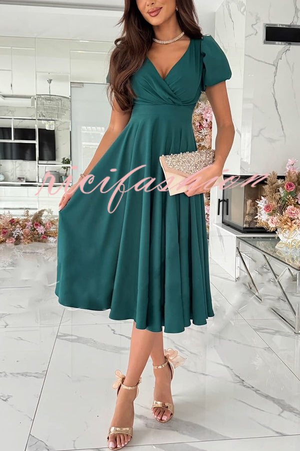 Zayla Solid Color Puff Sleeve V-neck Waist Slim Fit Midi Dress