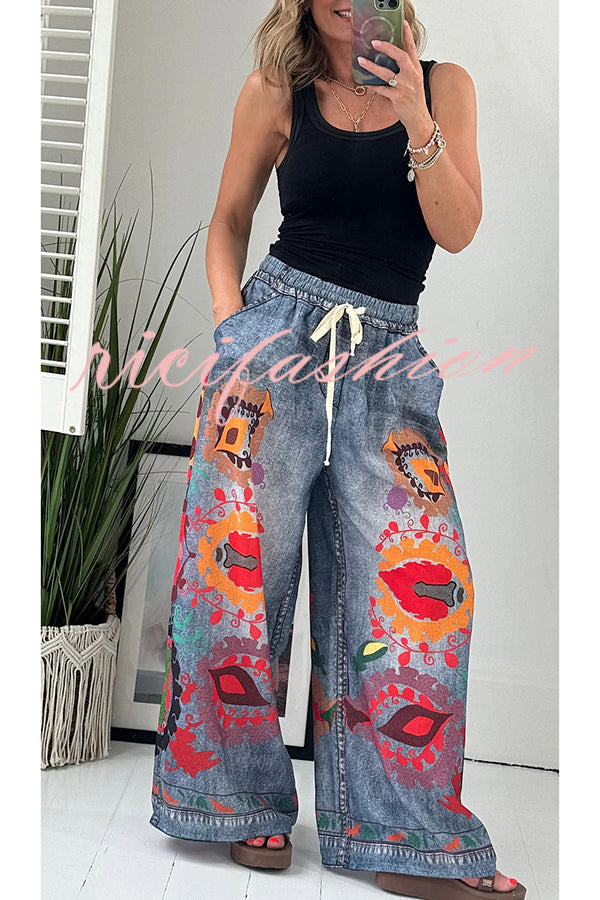 Hippie Style Unique Floral Denim Print Elastic Waist Pocketed Wide Leg Pants