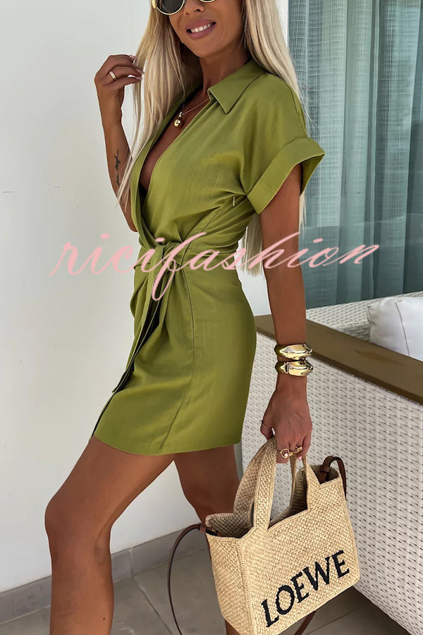 Relaxing Beach Linen Blend Solid Color Wrap Loose Shirt Romper