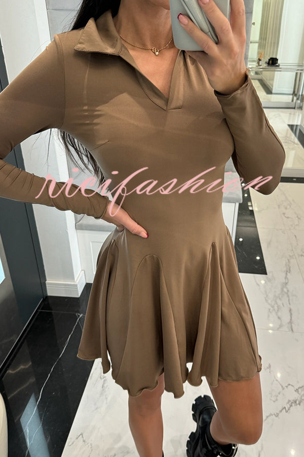 Solid Color Lapel Long Sleeve Slim Fit Waist Mini Dress