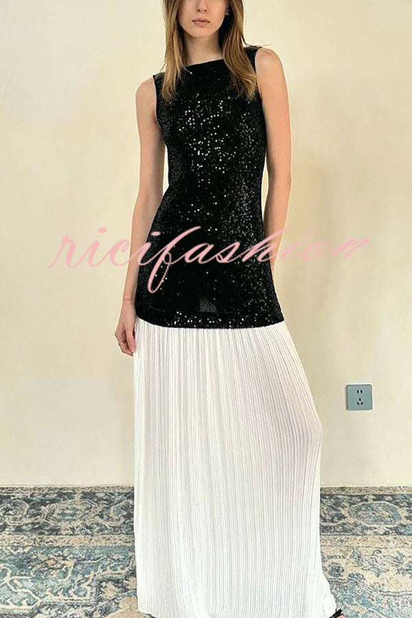 Sexy Backless Sleeveless Sequined Pleated Hem Maxi Dress