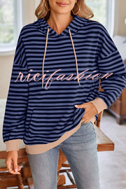 Striped Print Long Sleeve Pocket Loose Hoodie