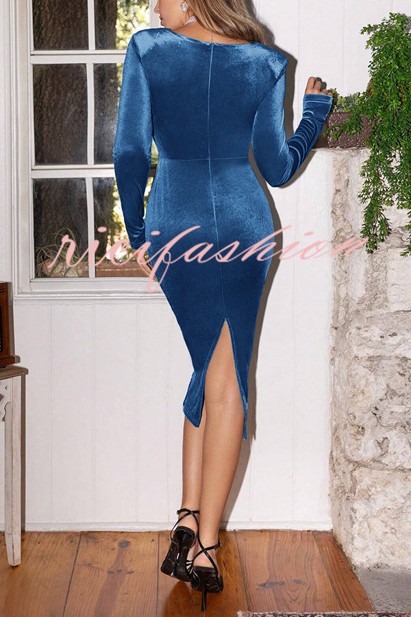 Solid Color Velevt Square Neck Long Sleeve Waisted Midi Dress