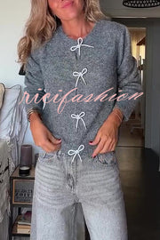 Paris Mornings Knit Front Bow Design Long Sleeve Relaxed Cardigan