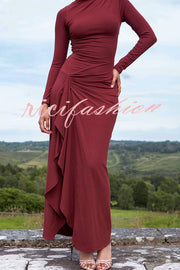 Venus Long Sleeve Ruched Side Slit Drape Ruffles Back Lace-up Stretch Maxi Dress