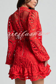 Solid Color Hollow Long-sleeved Waisted Lace Mini Dress