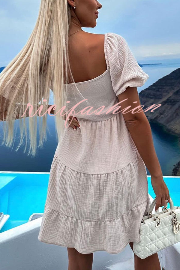 Solid Color Versatile Lace-Up V Neck Balloon Sleeve Mini Dress