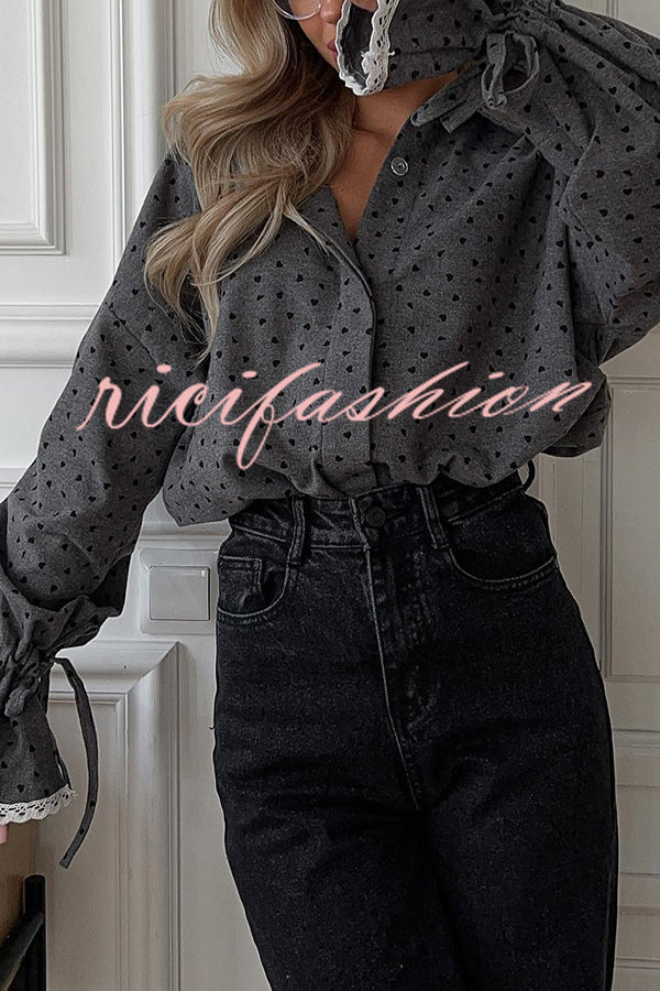 Fashionable Love Polka Dot Lapel Lace Cuffs Casual Shirt