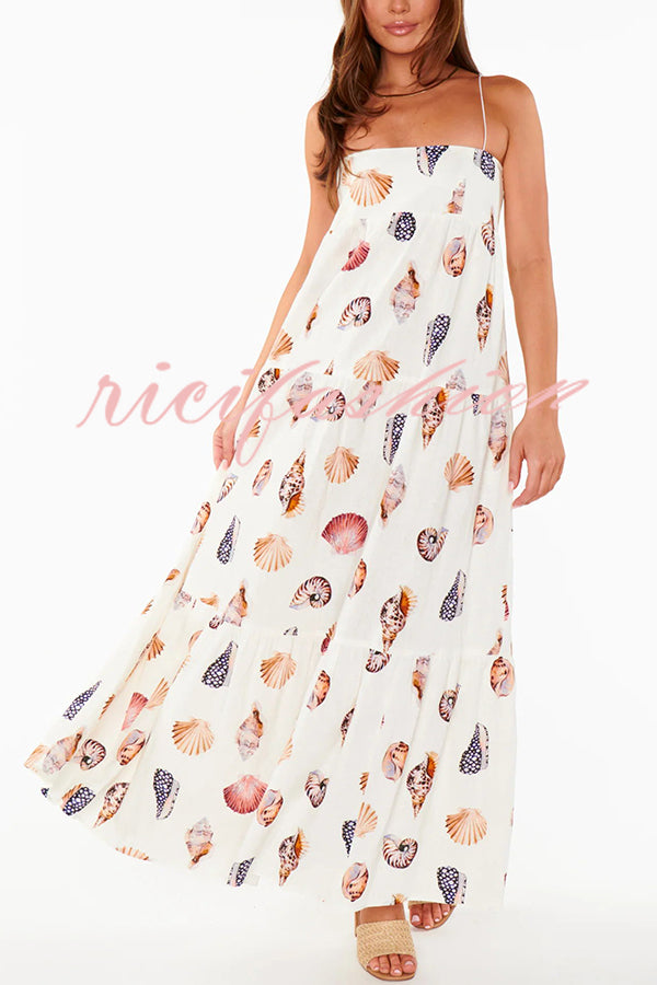 Long Weekend Linen Blend Shells Unique Print Smocked Pocket Lightweight Maxi Dress