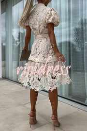 Absolutely Elegant Floral Crochet Lace Puff Sleeve Belted Shirt Midi Dress