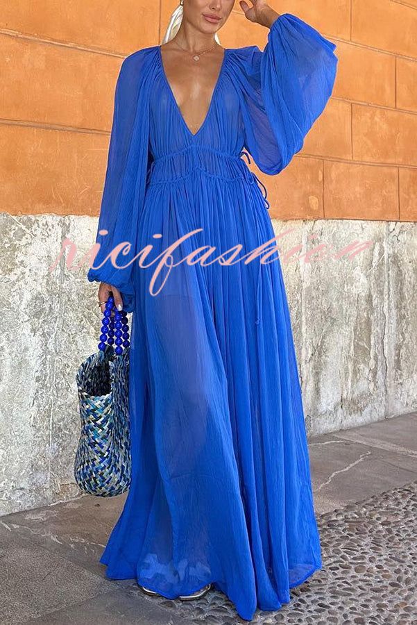 Blue Gemstone Chiffon Ruched Gathered Waist Maxi Dress