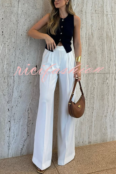 Solid Color Waist Pocket Loose Wide Leg Pants