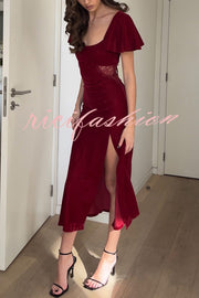 Yumi Velvet Lace Patchwork Bell Sleeve Back Lace-up Slit Midi Dress