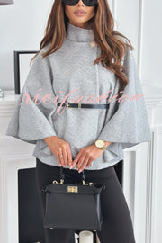 Elegant Moment Woolen Button Turtleneck Belted Oversized Cape