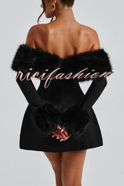 Cute and Luxe Faux Fur Trim Off Shoulder Bubble Shaped Mini Dress