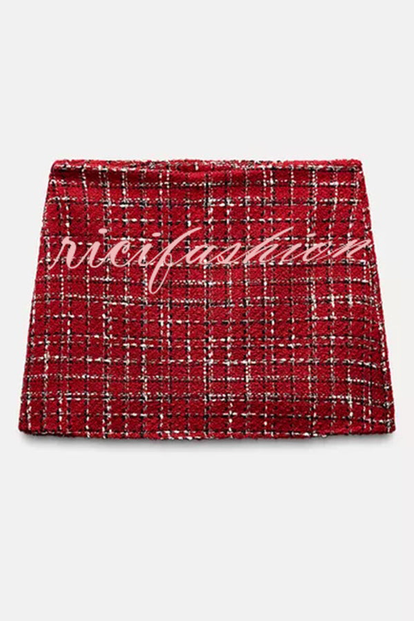 Fashionable Tweed Plaid Texture Casual Mini Skirt