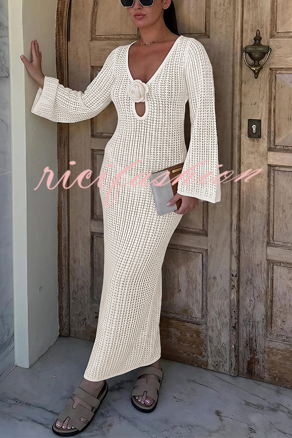 Bahamas Knit Long Bell Sleeve Sexy Backless Holiday Cover-up Maxi Dress