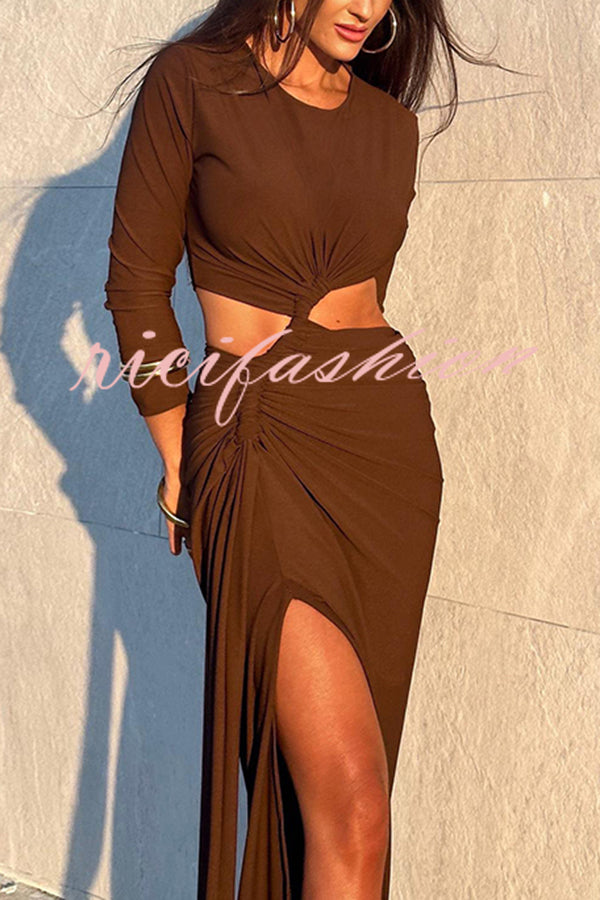 Solid Color Round Neck Long Sleeve Sexy Exposed Waist Slit Maxi Dress