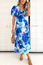 Sophia Floral Print Satin Puff Sleeve Twist Bust Cutout Midi Dress