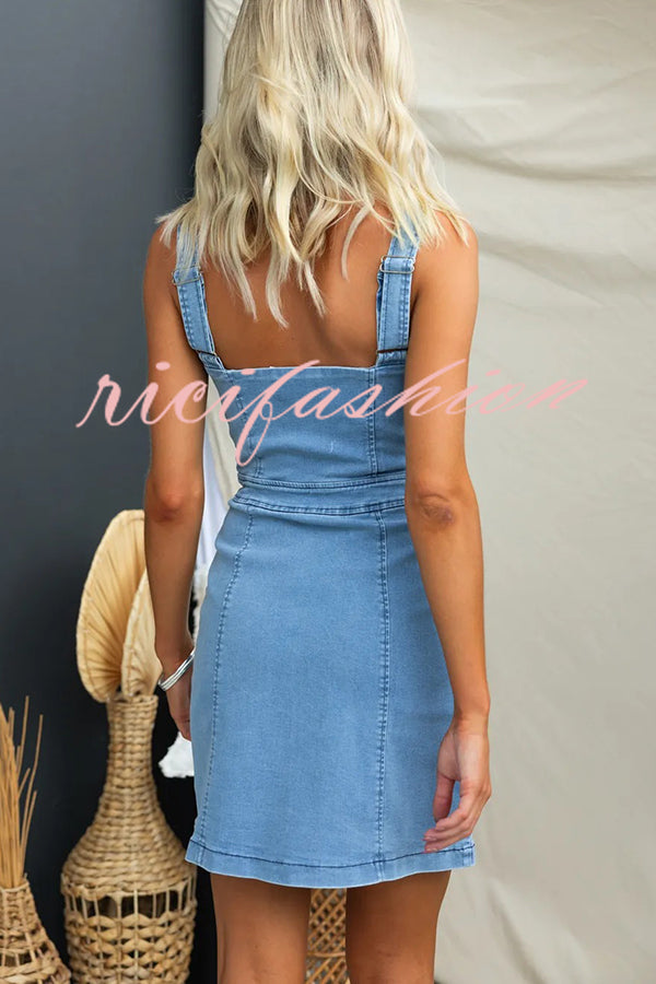 Nylah Denim Front Center Zipper Princess Line Pocket Stretch Mini Dress