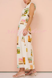 Art Summer Linen Blend Unique Print Drawstring Shoulder Loose Maxi Dress