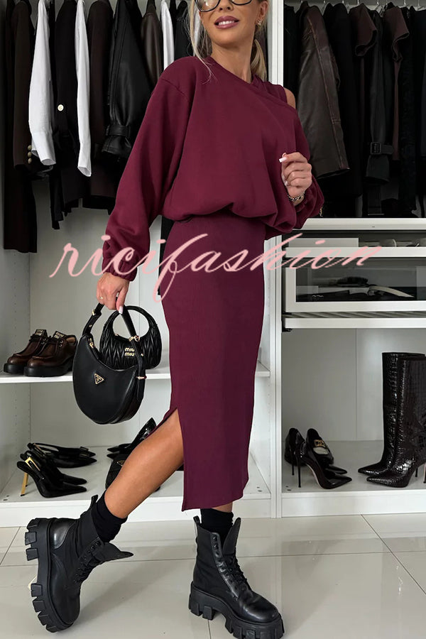 Lifestyle Wide Neck Relaxed Sweatshirt and Ribbed Tank Stretch Midi Dress Set