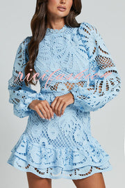 Solid Color Hollow Long-sleeved Waisted Lace Mini Dress