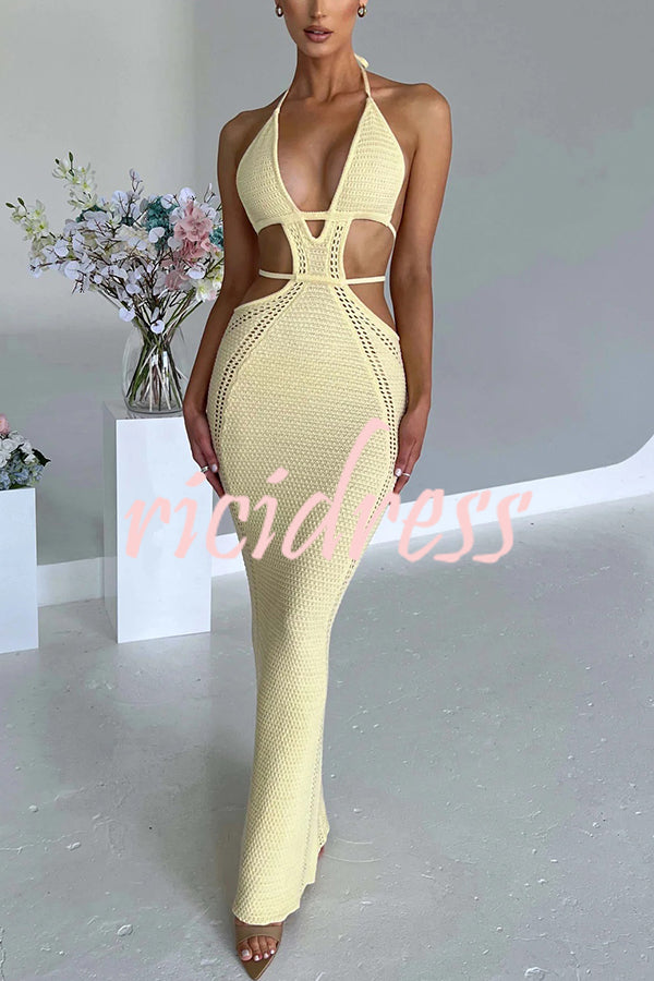 Effortlessly Cool and Sexy Knit Crochet Cutout Halter Tie-up Stretch Maxi Dress