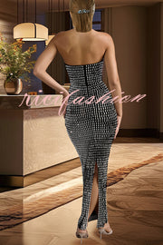 Flash Sculpture Rhinestone Embellished Bandeau Slit Stretch Maxi Dress