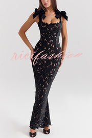 Holiday Intimacy Embroidered Floral Lace Bow Shoulder Straps Slit Maxi Dress