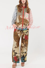 Tropical Jungle Tiger Unique Print Long Sleeve Loose Shirt and Elastic Waist Pants Set