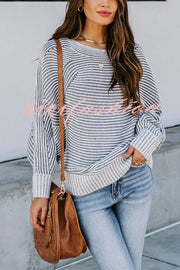 Knitted Striped Round Neck Dolman Sleeve Casual Loose Sweater