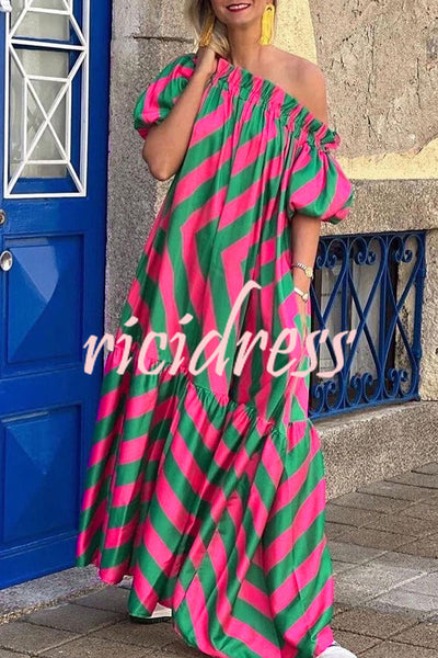 Exquisite Striped Patchwork Bell Sleeve Pocket Maxi Dress