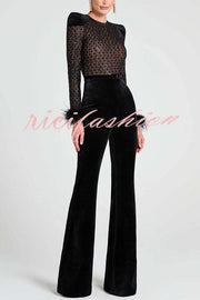 Monique Fish Scale Lace Sequin Velvet Patchwork Feather Trim Belted Stretch Flare Jumpsuit