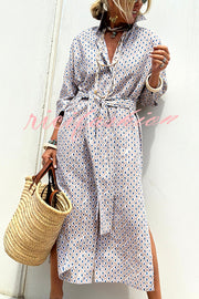 Summer Splendor Printed Button Half Sleeve Belt Loose Shirt Midi Dress