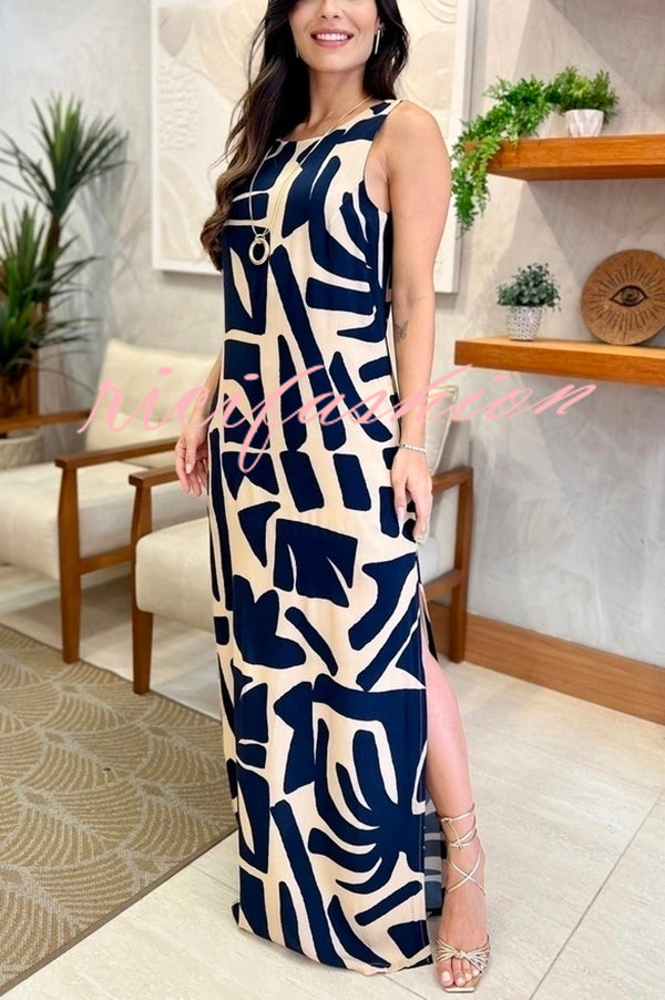 Unique Printed Sleeveless Slit Lace Up Waist Pocket Maxi Dress