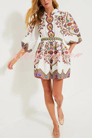 Fun and Vibrant Linen Blend Unique Print Puff Sleeve Pocketed Shirt Mini Dress