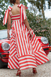 Treasured Times Stripe Print Tie-up Shoulder Pocketed A-line Maxi Dress