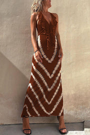 Kyra Ruffle Halter Neck Lace-up Waist Tie-dye Print Maxi Dress