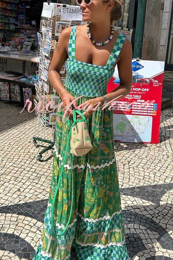 Yolanda Ric Rac Trims Unique Print Smocked Bust Back Lace-up Maxi Dress