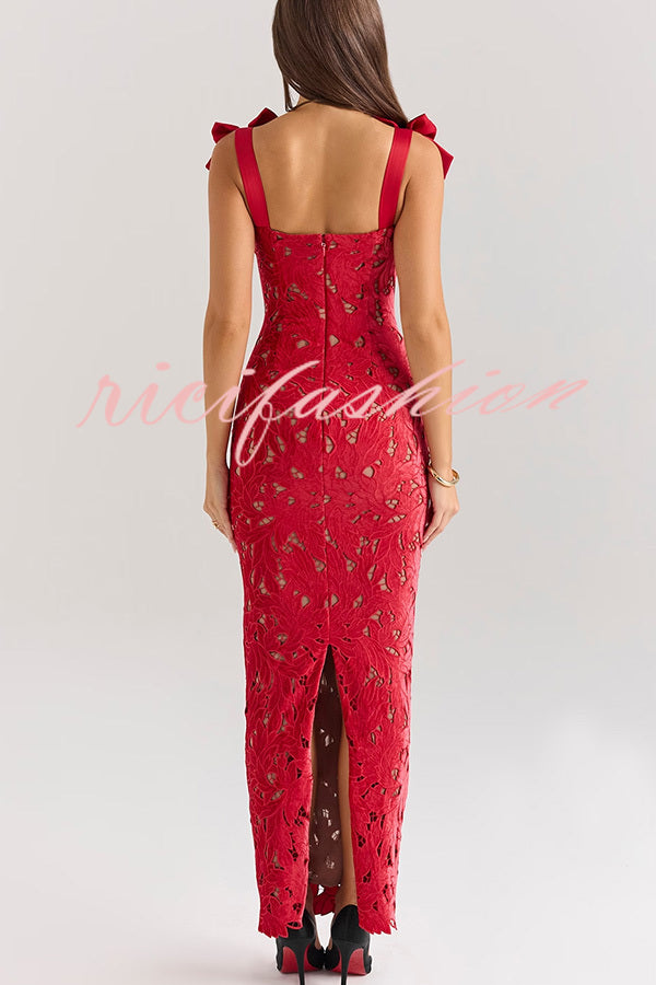 Holiday Intimacy Embroidered Floral Lace Bow Shoulder Straps Slit Maxi Dress