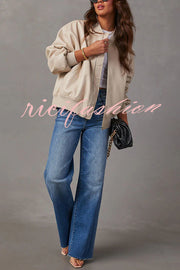 Solid Color Long Sleeve Loose Pocket Leather Jacket