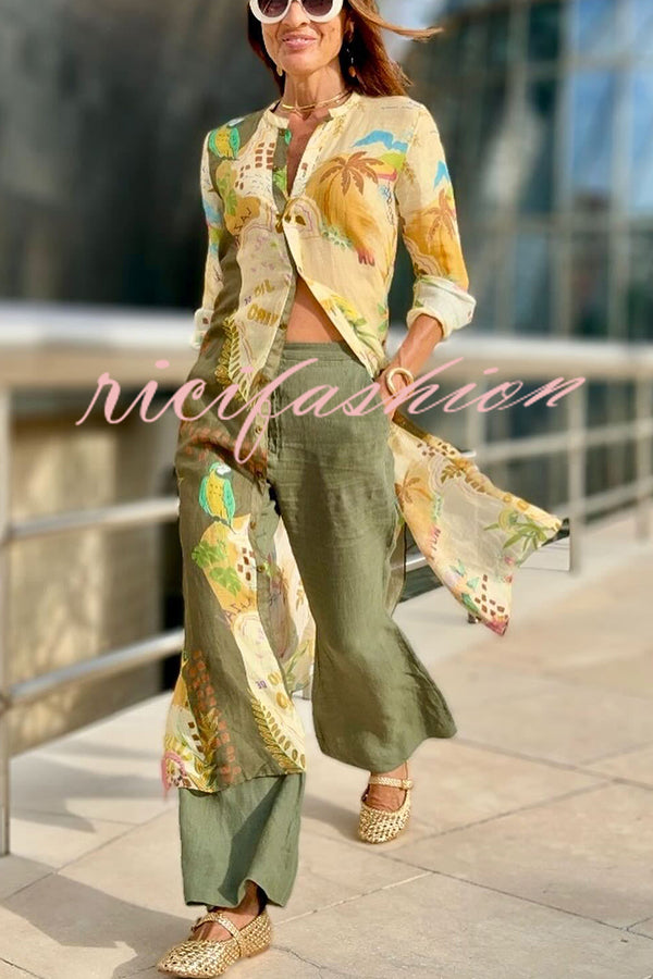 Cayla Linen Blend Unique Print Button Long Sleeve Shirt Midi Dress