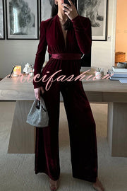 Love One Another Velvet Bow Belted Pocket Cutout Back Loose Jumpsuit