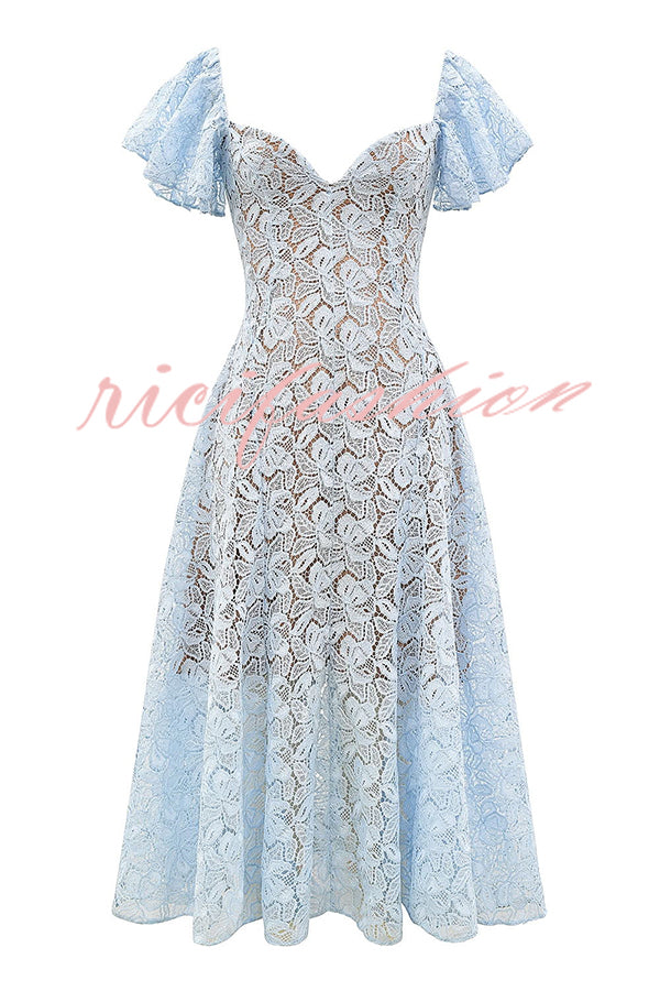 Romantic Atmosphere Bluebell Lace Butterfly Sleeve Sweetheart Neck Stretch Midi Dress