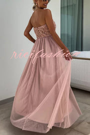 Romance and Lightness Tulle Floral Texture Pleated Patchwork Strapless Slit Maxi Dress