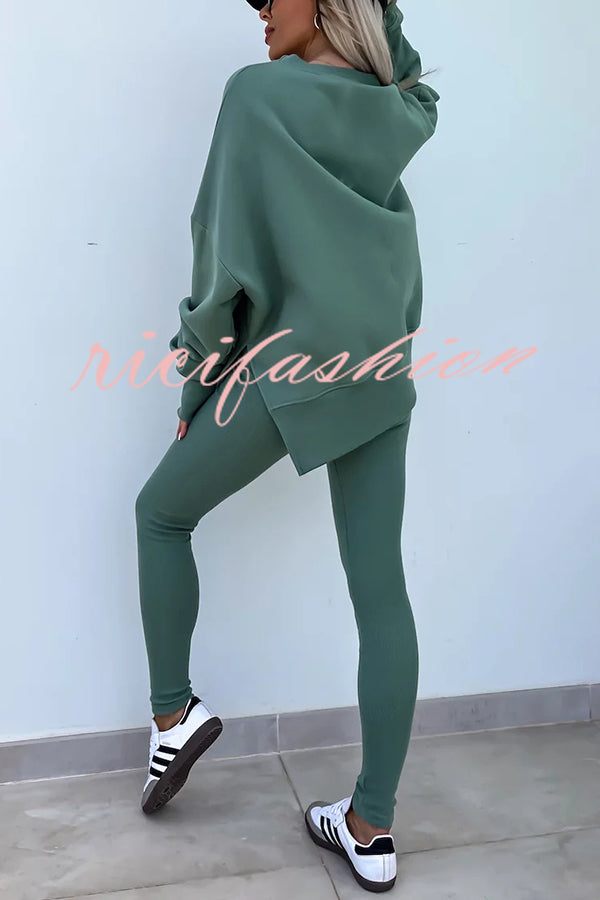 Solid Color Loose Long Sleeve SlitSweatshirt and Elastic Waist Tight Pants Set