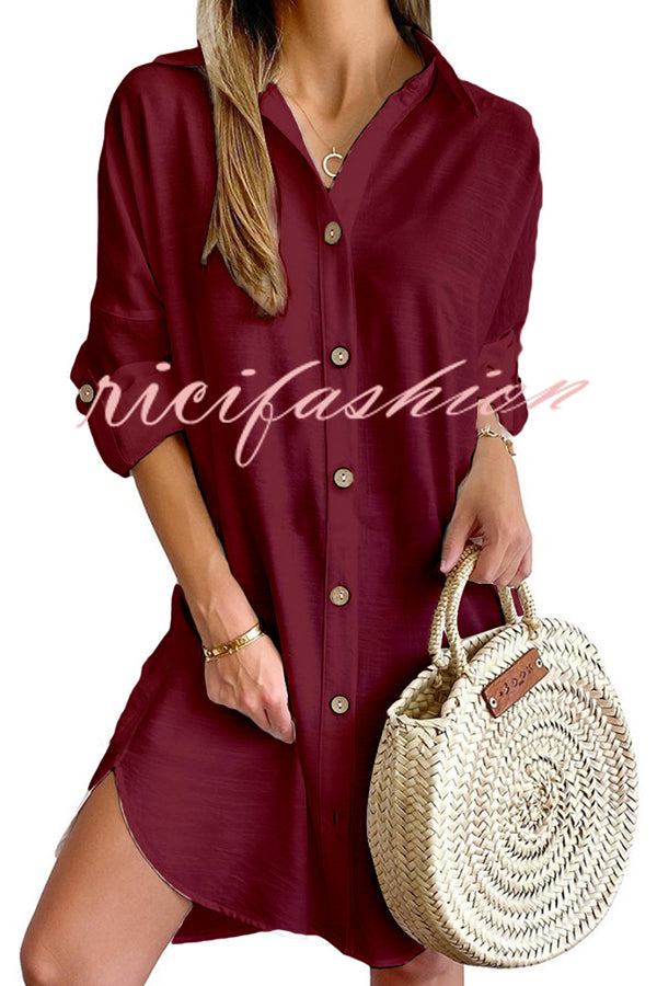 Solid Color Casual Button-Down Shirt Style Mini Dress