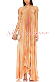 Luxurious Atmosphere Satin Halter Neck Backless A-line Gown Maxi Dress